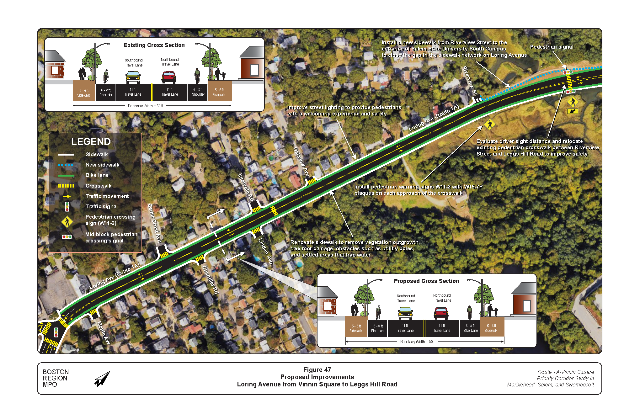 FIGURE 47. Proposed Improvements: Loring Avenue from Vinnin Square to Leggs Hill Road.Figure 47 is a map of the section of Loring Avenue between Vinnin Square and Leggs Hill Road showing the location of proposed improvements. The proposed improvements are described in text boxes. Graphics embedded show proposed roadway cross sections with lane widths.